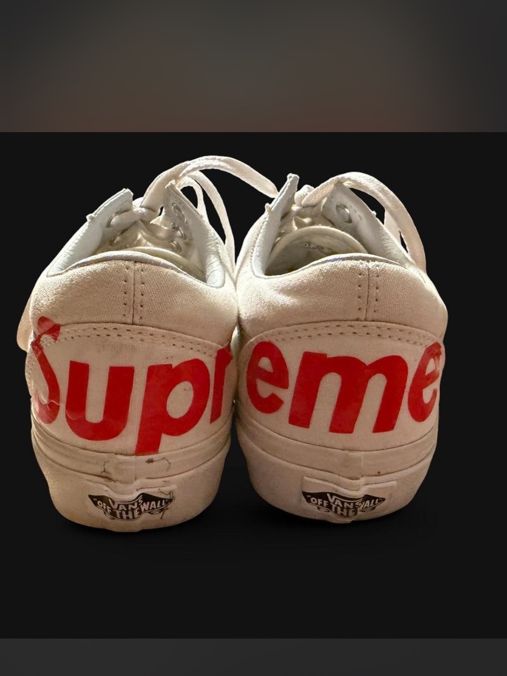 Vans White Canvas Sneakers with Red "Supreme" Heel Logo